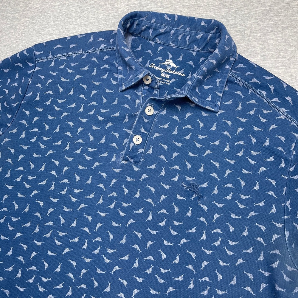 Tommy Bahama Polo Shirt Mens Medium Marlin Print Blue Short Sleeve Casual FAIR